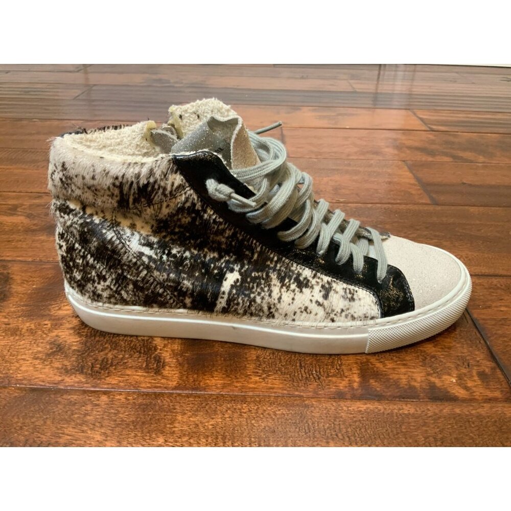 P448 Black & White Zip Up High Top Glitter & Fur Sneakers, Size 10 (US) 40 (IT)
